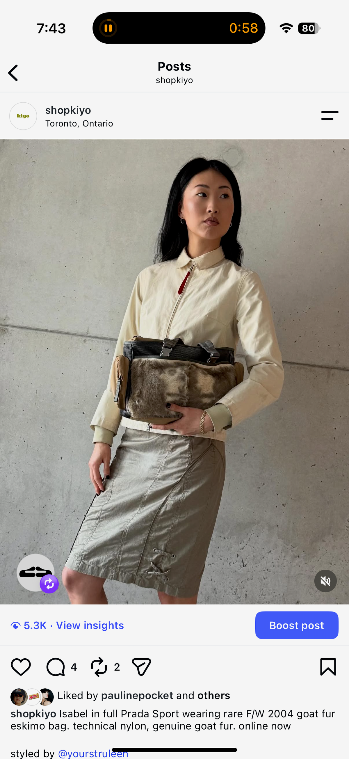 @isabel wearing Prada Sport Eskimo Goat Fur Bag